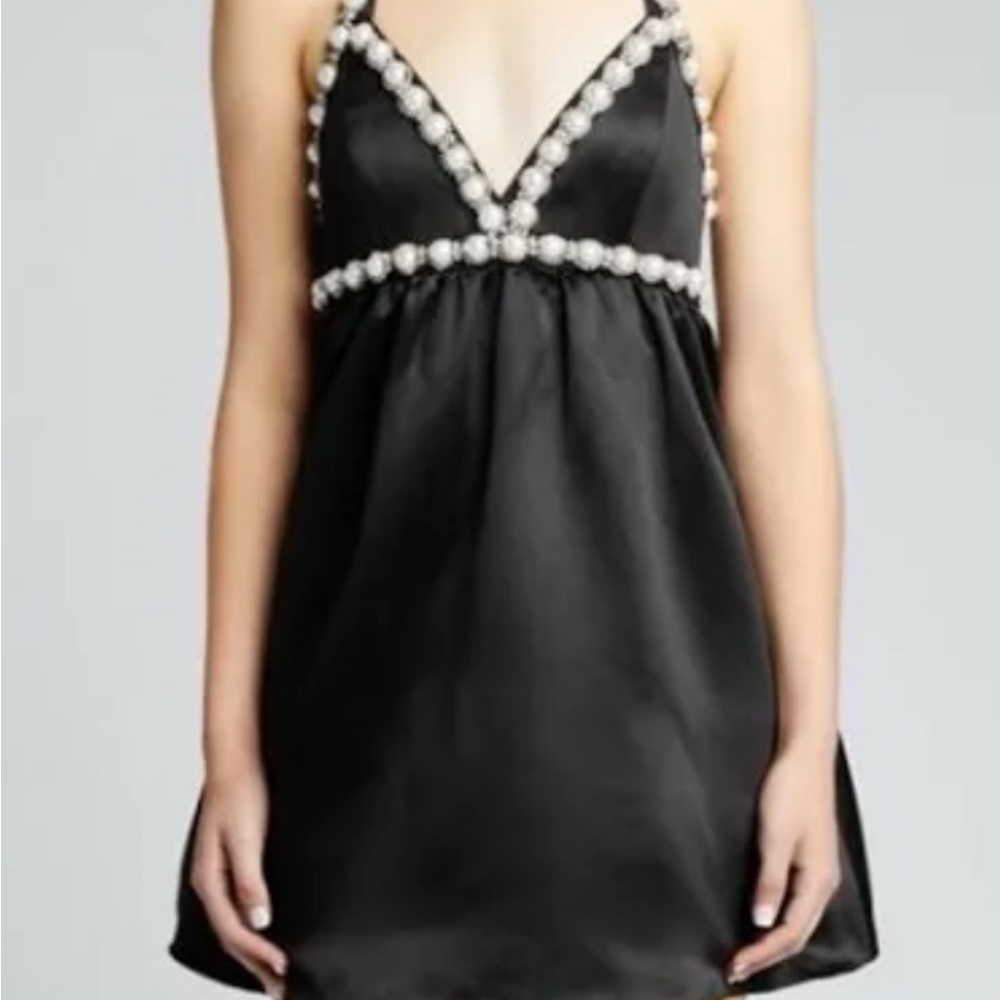 Alice + Olivia Black Satin Mini Dress with Pearl Trim